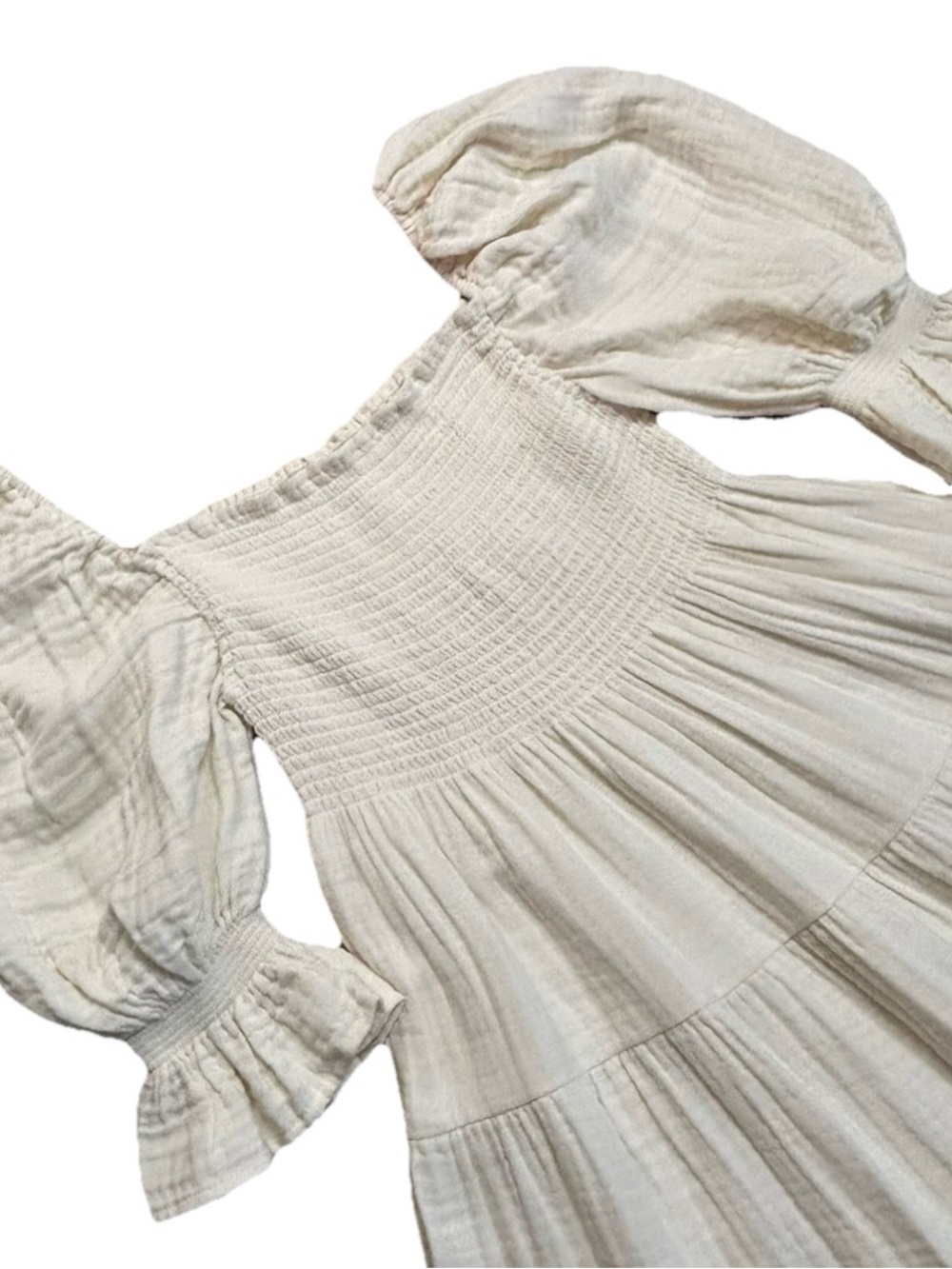 Nothing Fits But Cream Midi Dress L White Cotton Smocked Puff Sleeve Cottagecore - Picture 5 of 9